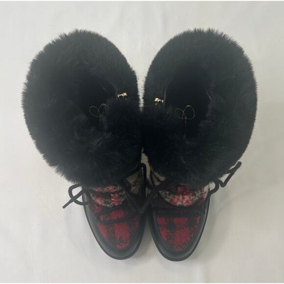 Jessica Simpson women's Wedge Red Plaid with Black Fur Boots - Picture 2 of 4